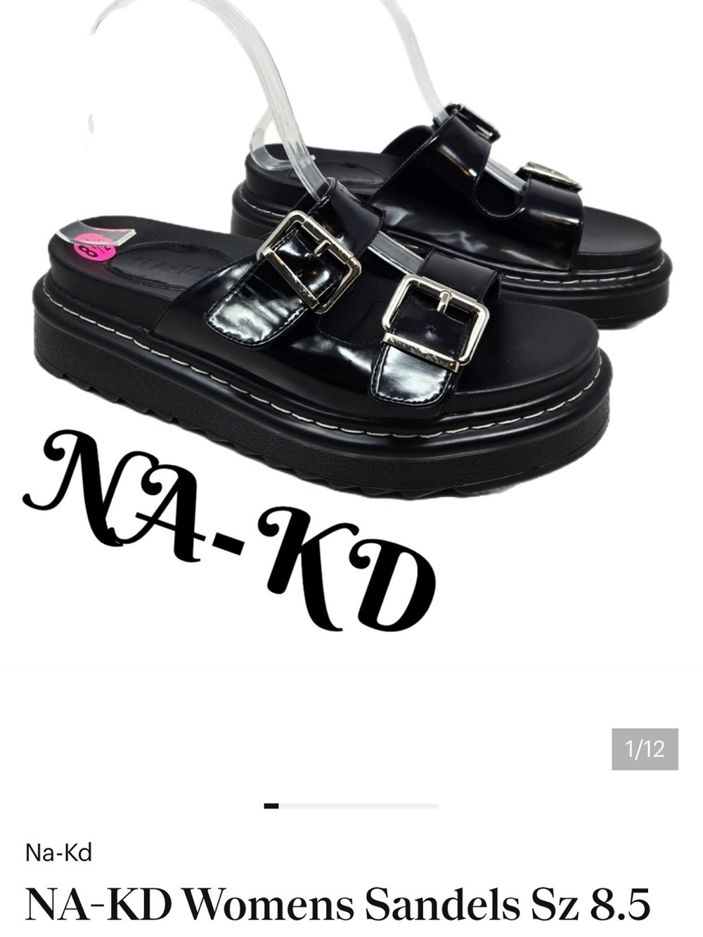 NA-KD Womens Sandels Sz 8.5 Faux Black Patent Leather Adj. Buckle Bold Stitching